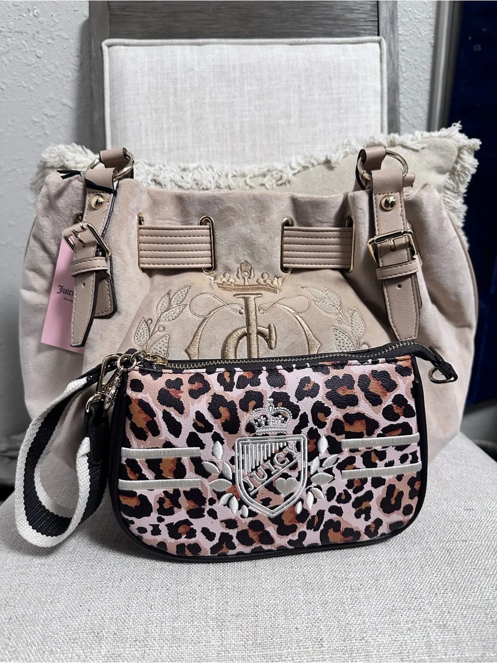 Juicy Couture Beige Suede Shoulder Bag with Leopard Wristlet